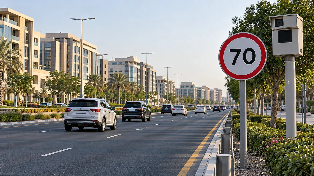 طريق في دبي بجوار لوحة تحديد السرعة وكاميرا مرور