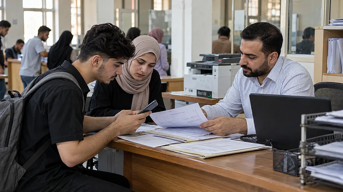 طالبان يراجعان طلباً جامعياً إلكترونياً مع موظف