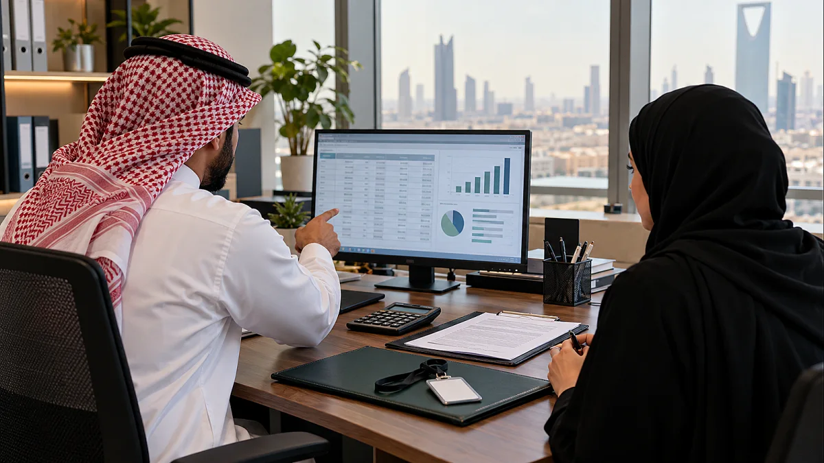 موظفان يراجعان بيانات الأجور وعقد توظيف في مكتب بالرياض