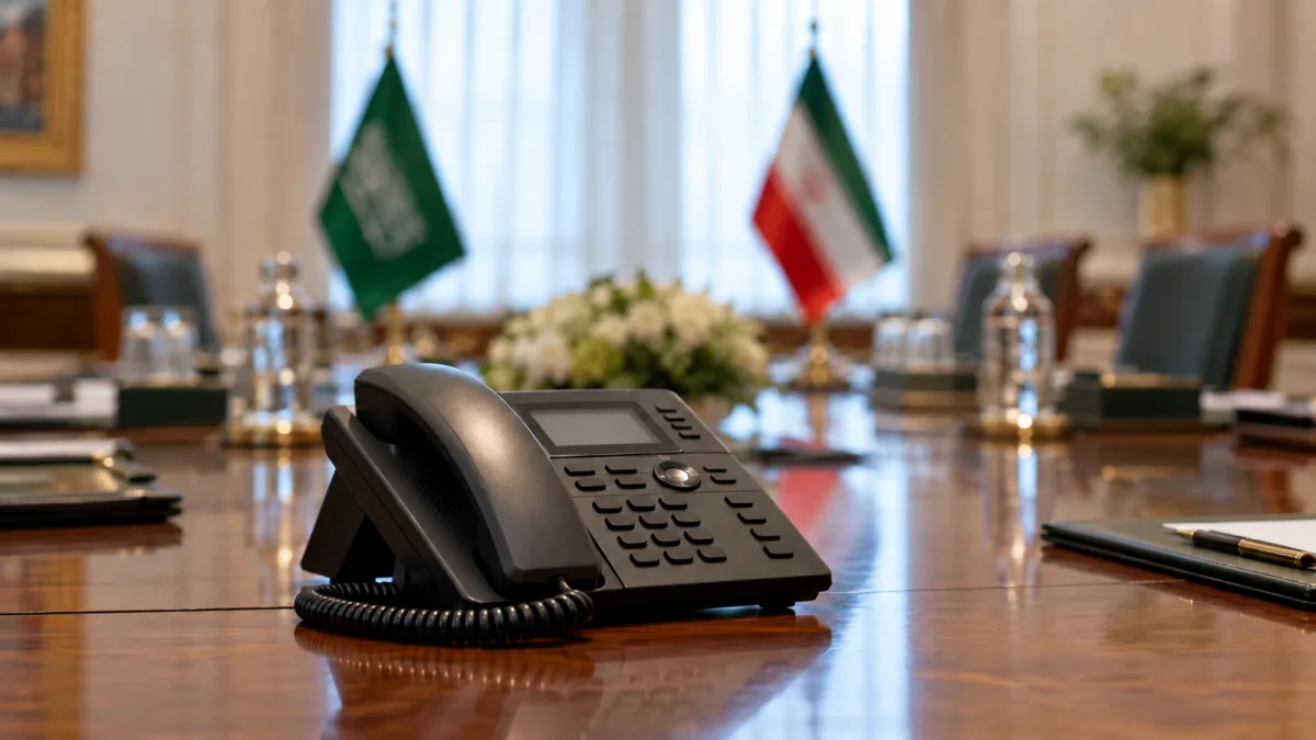 هاتف على طاولة مباحثات وخلفه علما السعودية وإيران