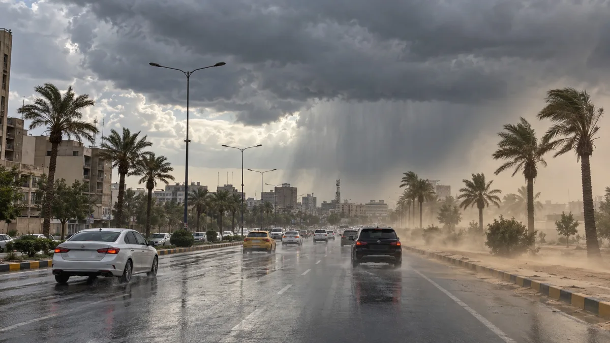 طريق في بغداد تحت سحب ماطرة ورياح تثير الغبار
