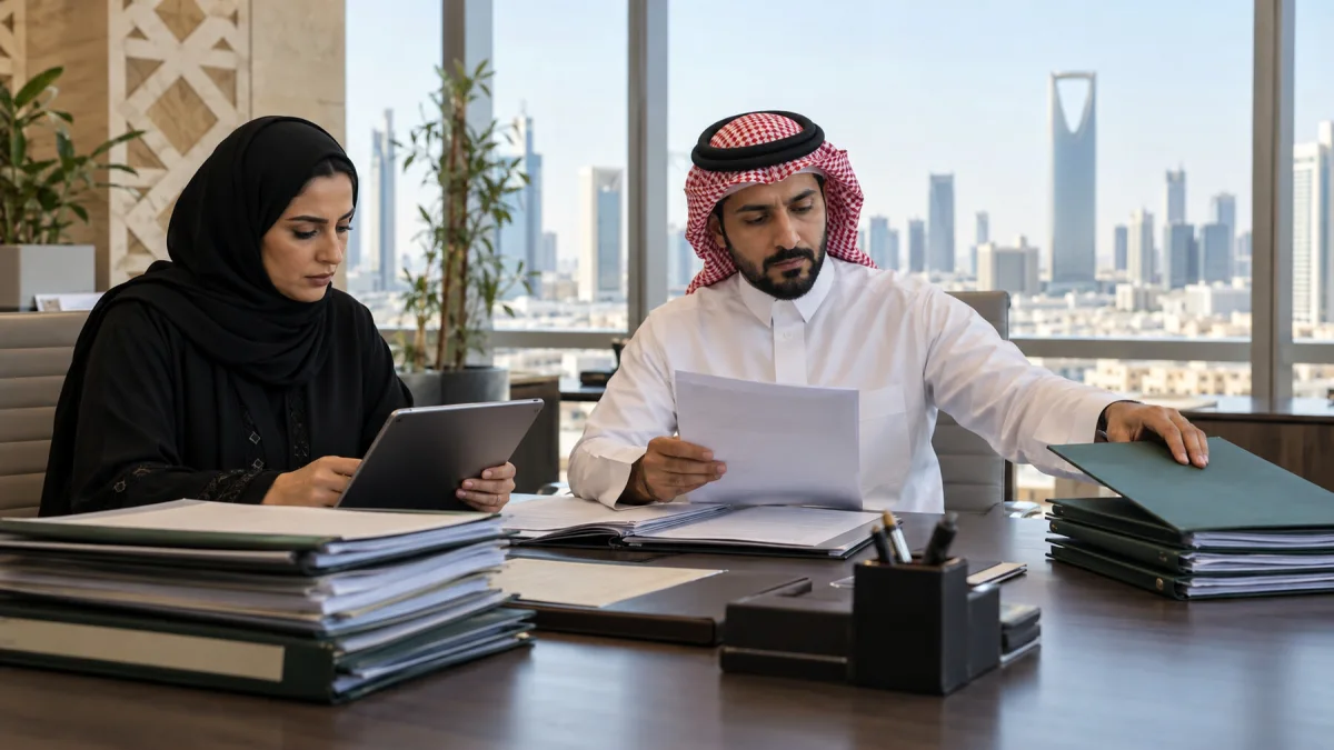 مختصان يراجعان ملفات تراخيص تأمينية في مكتب بالرياض