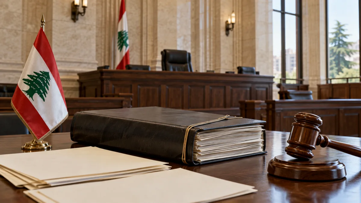 ملف قانوني ومطرقة قاض بجوار العلم اللبناني في قاعة محكمة