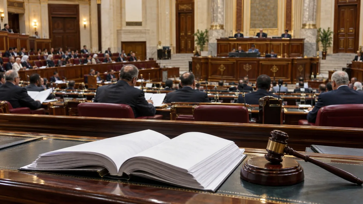 واقعي لقاعة برلمانية ووثيقة قانونية يرمز إلى مناقشة تعديل موعد تطبيق القانون