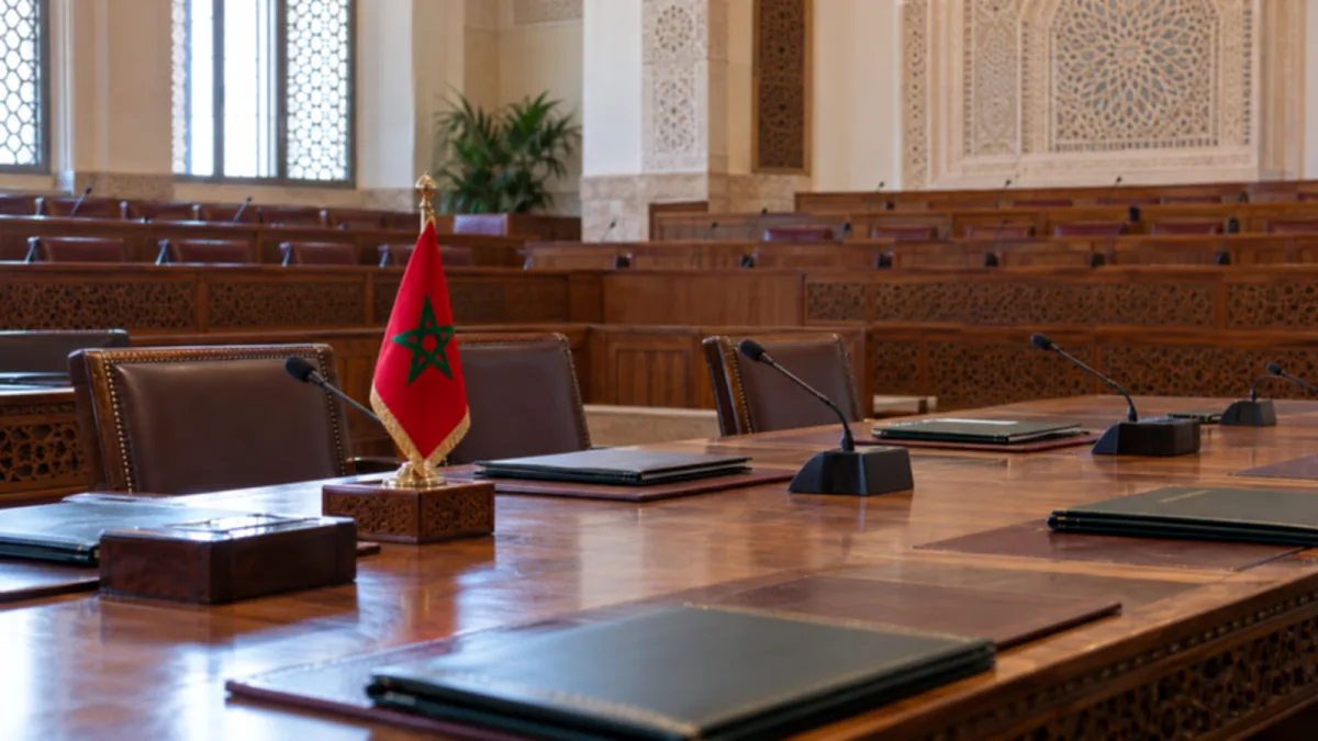 قاعة اجتماعات تشريعية مغربية تتوسطها راية المملكة