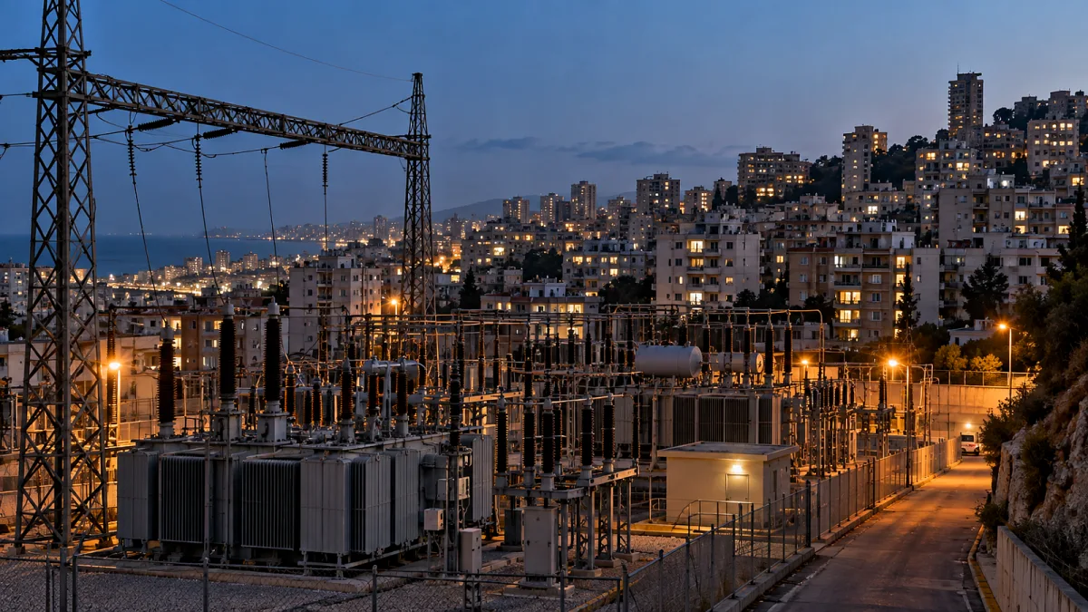 محطة كهرباء ومبان سكنية على الساحل اللبناني عند الغروب