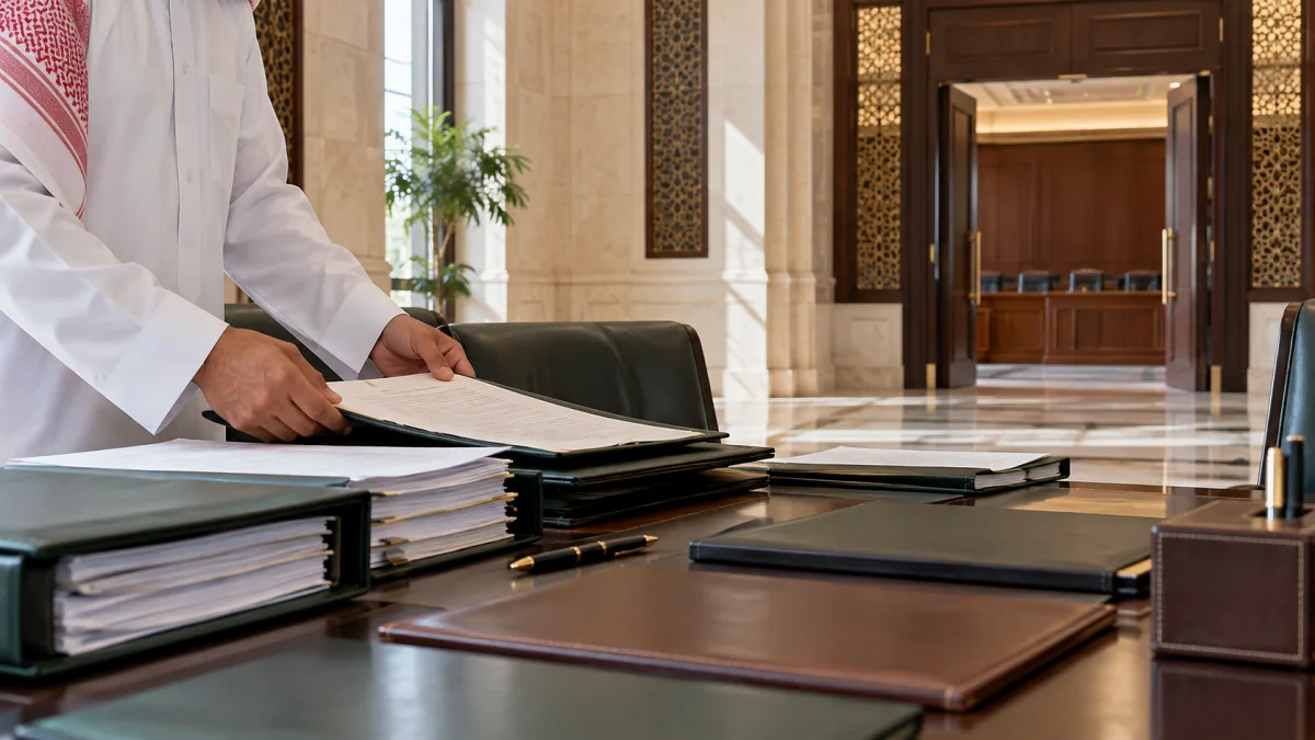 موظف يرتب ملفات تنظيمية داخل إدارة قضائية