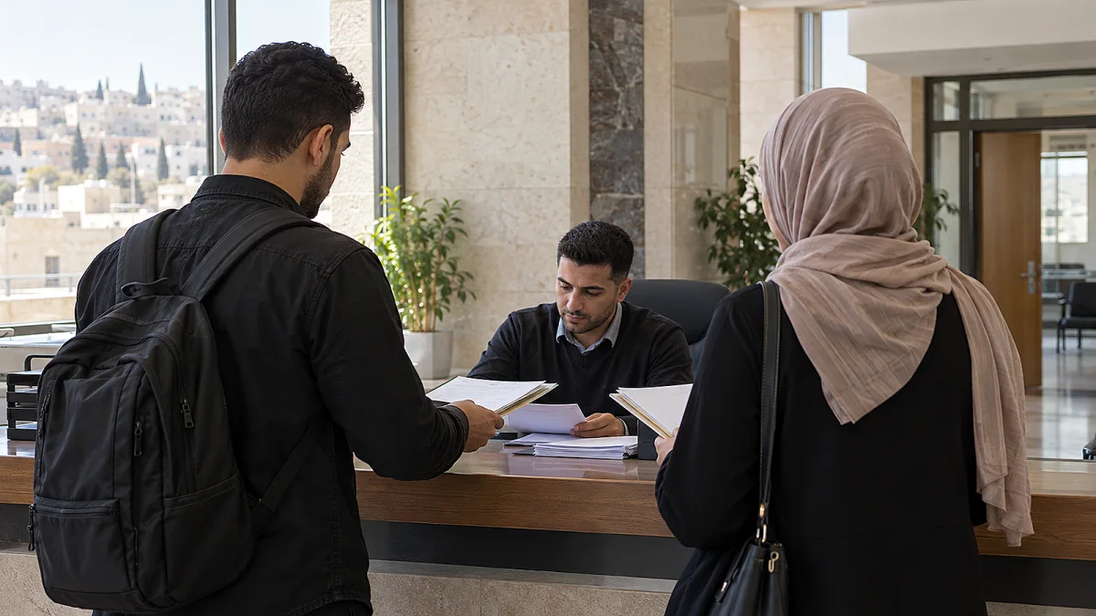 شاب وشابة يقدمان ملفات طلب في مكتب إداري بعمان