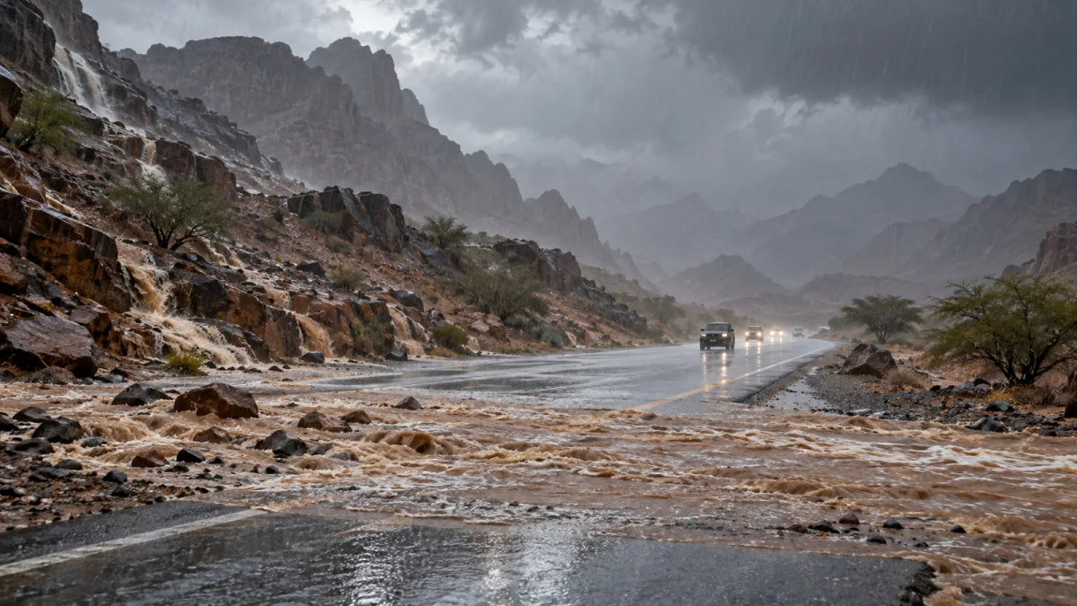 سيول تعبر طريقاً جبلياً تحت أمطار غزيرة