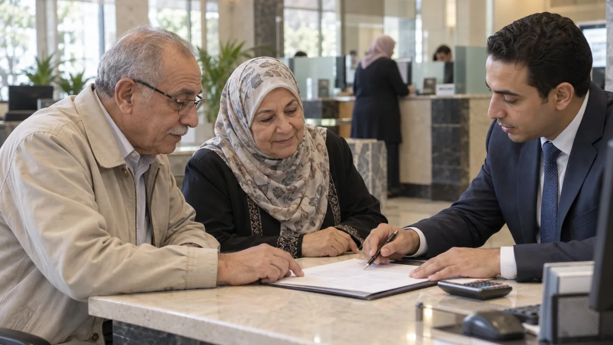 عميلان من كبار السن يناقشان خيارات ادخار داخل فرع مصرفي