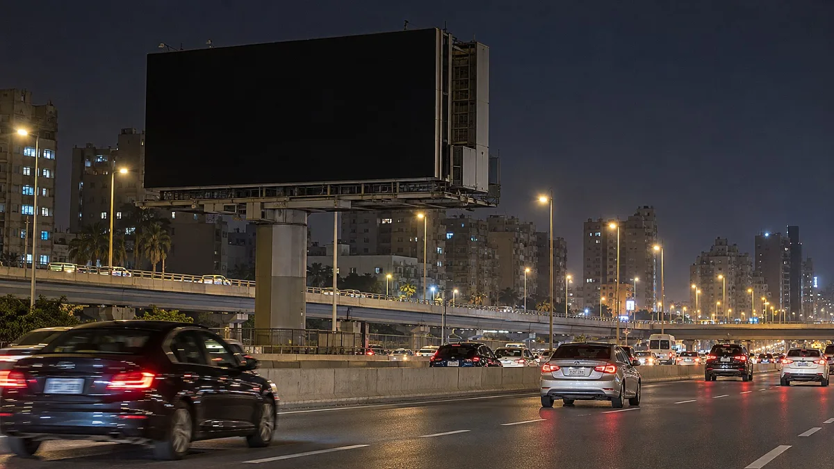 شاشة إعلانات رقمية متوقفة فوق طريق حضري ليلاً