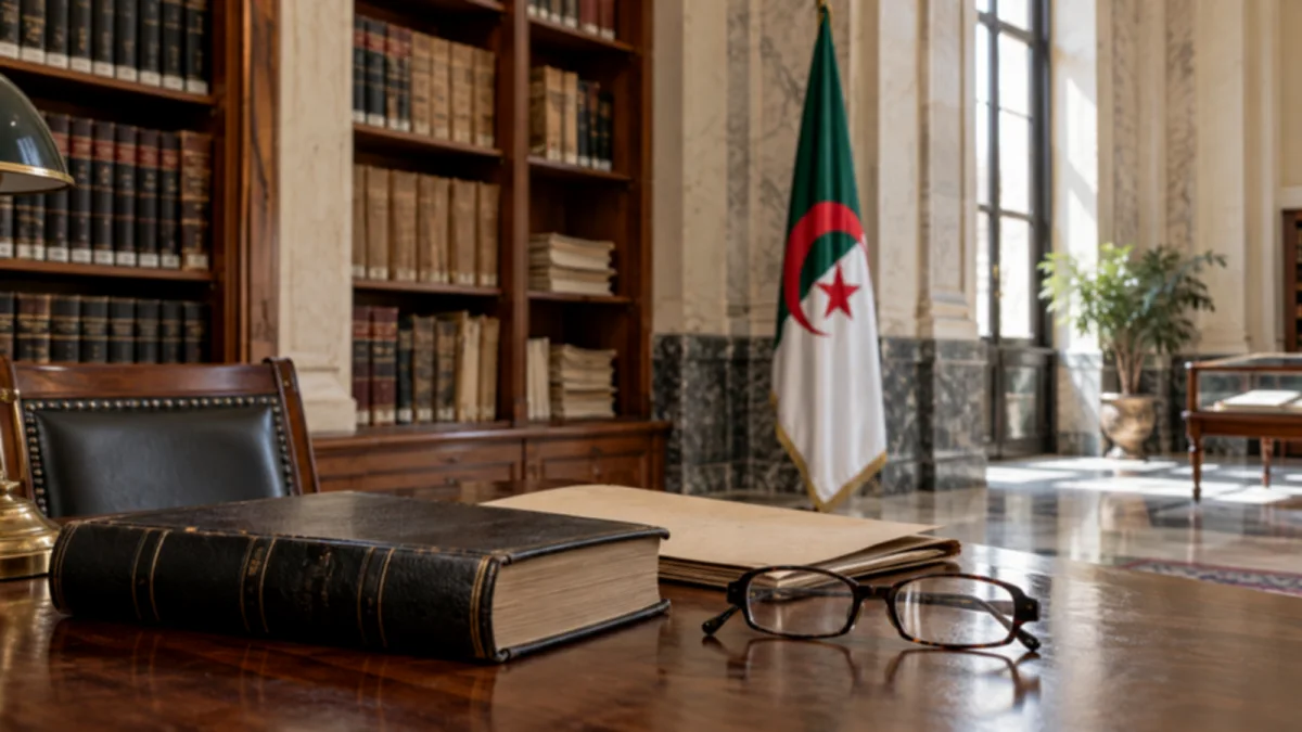 علم الجزائر وكتاب قانون ووثائق داخل قاعة أرشيف