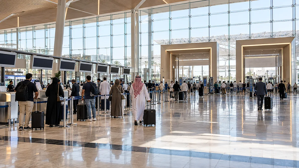 مسافرون عند منصات إنهاء الإجراءات في صالة مطار حديثة