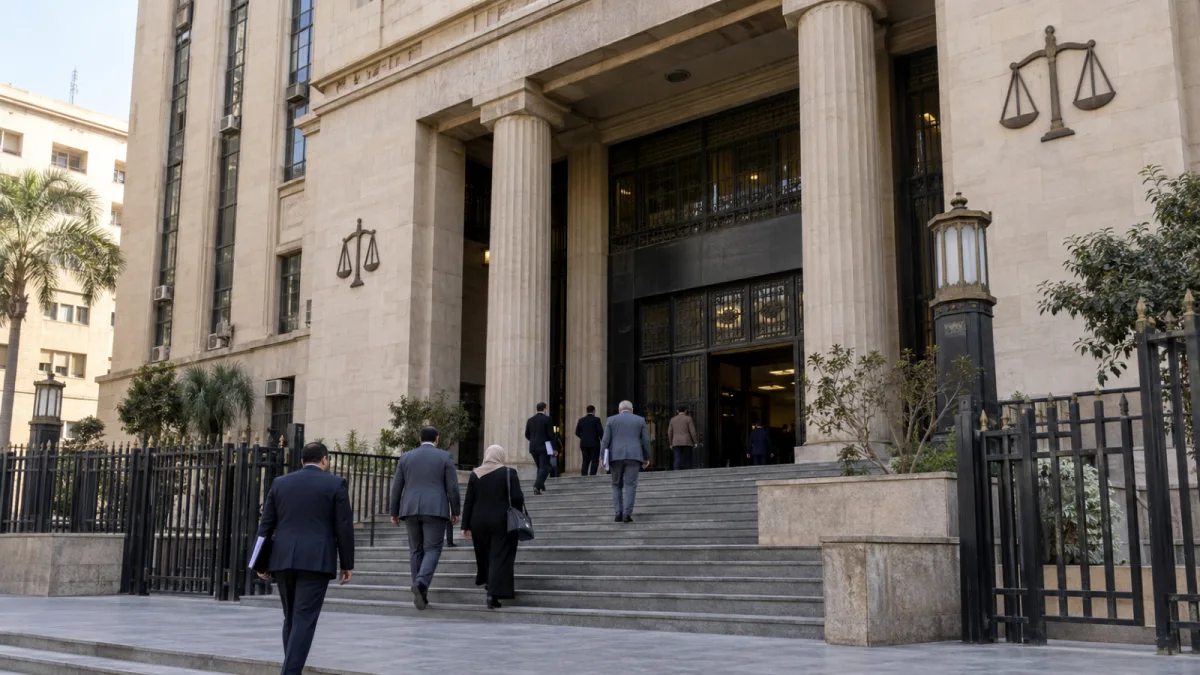 مدخل مبنى محكمة في القاهرة ومحامون يصعدون الدرج