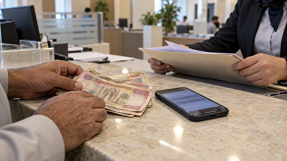 أوراق نقدية عراقية متضررة وهاتف على مكتب مصرفي