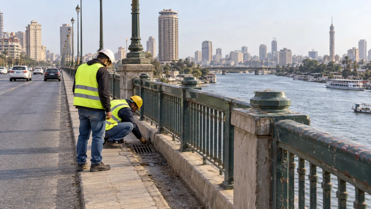 فنيان يفحصان مصرفاً في رصيف كوبري فوق نهر النيل بالقاهرة