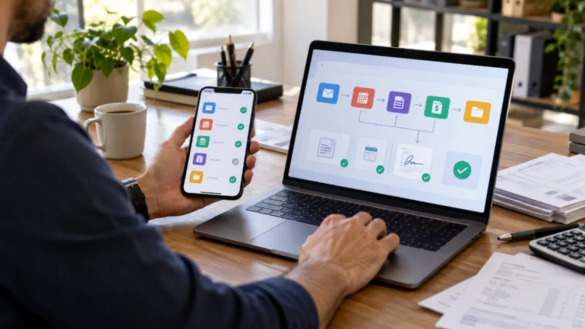 مستخدم يتابع سير مهام رقمية على هاتف وحاسوب محمول