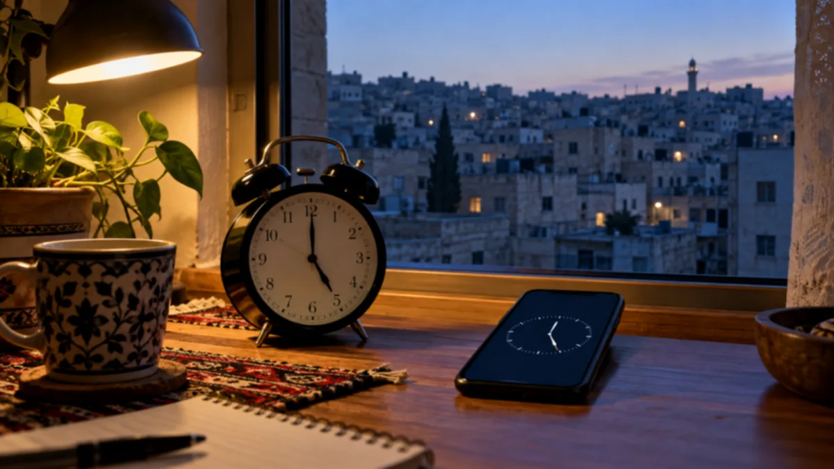 ساعة منبه وهاتف على مكتب قبل الفجر