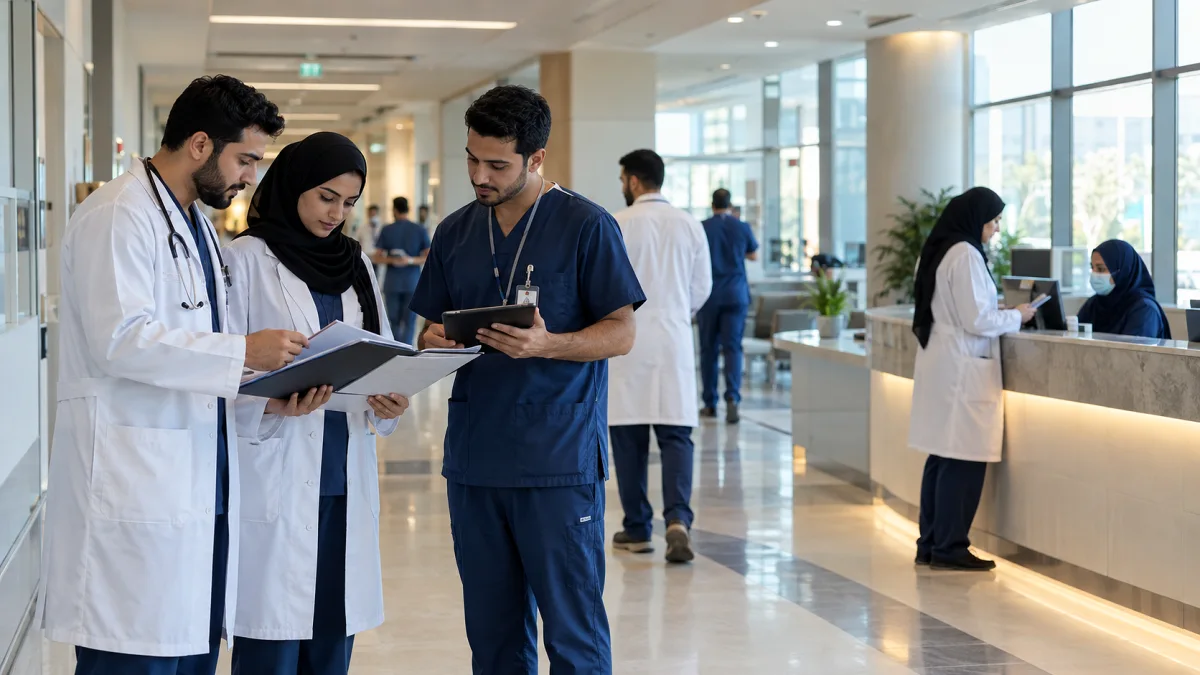 كوادر صحية تراجع ملفات عمل داخل مستشفى حديث