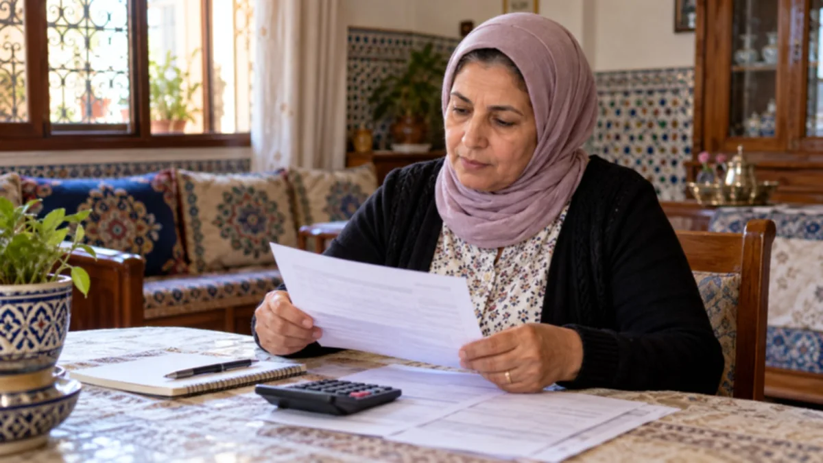 سيدة مغربية تراجع بيان معاش على طاولة منزلية