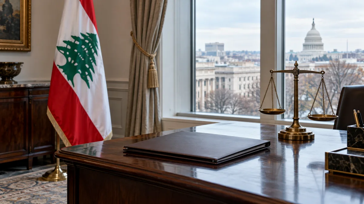 علم لبنان وملف قانوني على مكتب دبلوماسي في واشنطن
