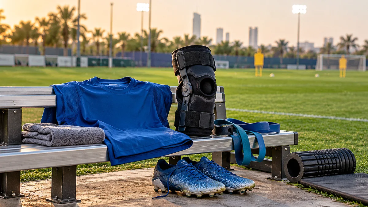 معدات تأهيل لاعب كرة قدم بجوار ملعب التدريب