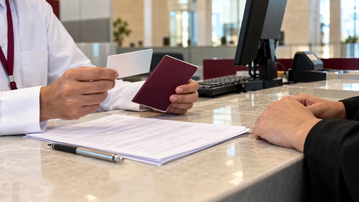 موظف يراجع جواز سفر وبطاقة إقامة عند مكتب معاملات