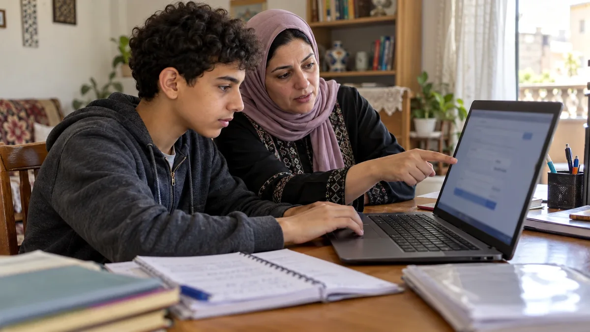 طالب ووالدته يراجعان نموذج تسجيل مدرسي على حاسوب محمول