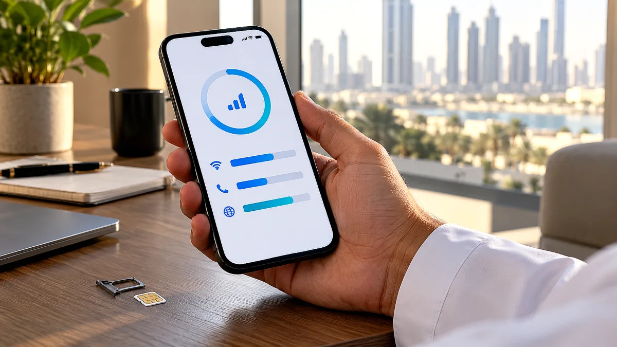 هاتف يعرض مؤشرات استخدام البيانات وبجواره شريحة اتصال