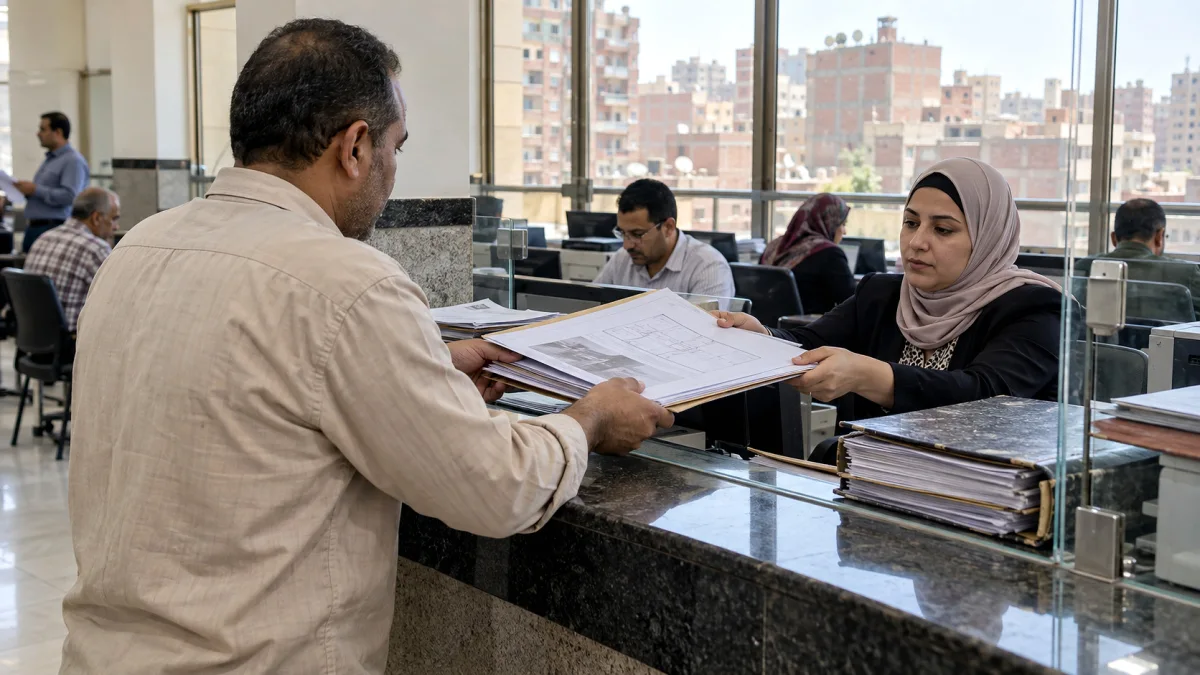 مواطن يسلّم ملف بناء إلى موظفة في مركز خدمات محلي