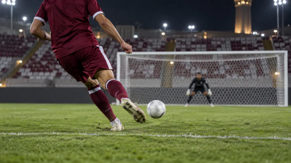 لاعب يسدد ركلة جزاء في ملعب قطري