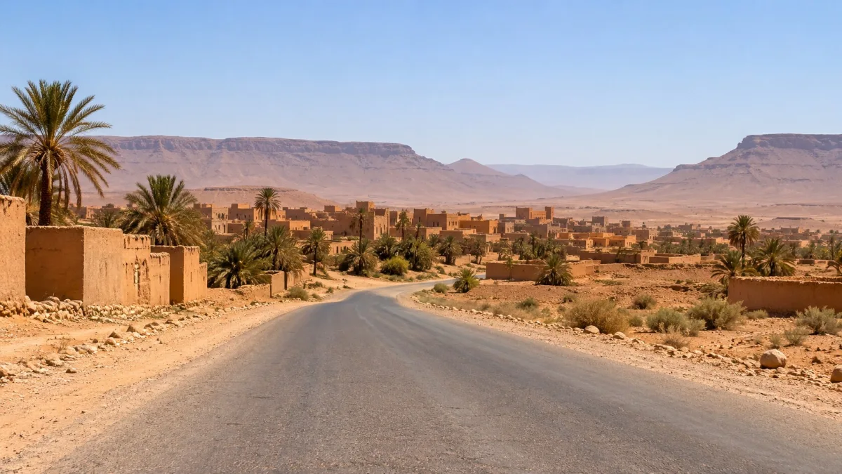 طريق جاف وسط بلدة صحراوية جنوب المغرب تحت شمس قوية