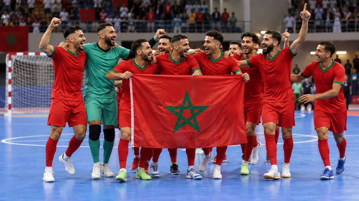 لاعبو كرة صالات بقميص أحمر يحتفلون حاملين العلم المغربي