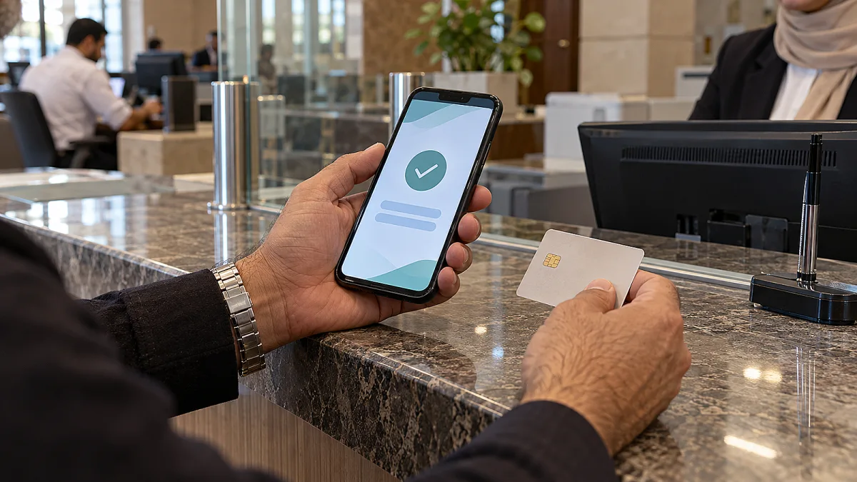 عميل يستخدم هاتفاً وبطاقة مصرفية داخل فرع بنك