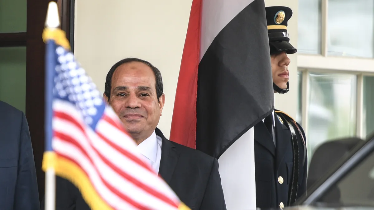 الرئيس المصري عبد الفتاح السيسي وإلى جواره العلم المصري