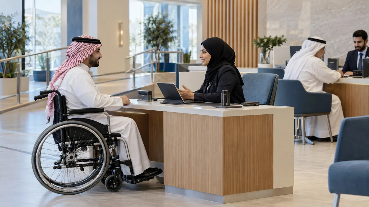 عميل يستخدم كرسياً متحركاً يتلقى خدمة في فرع مالي