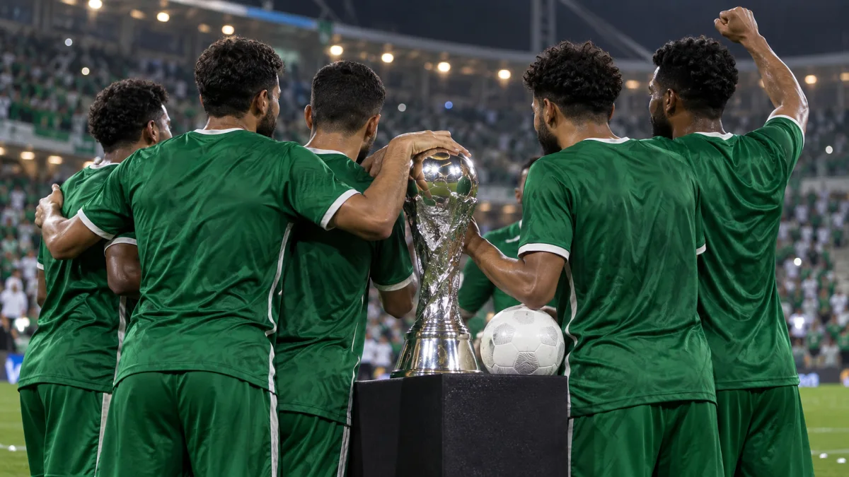 لاعبون بقمصان خضراء يجتمعون حول كأس لكرة القدم