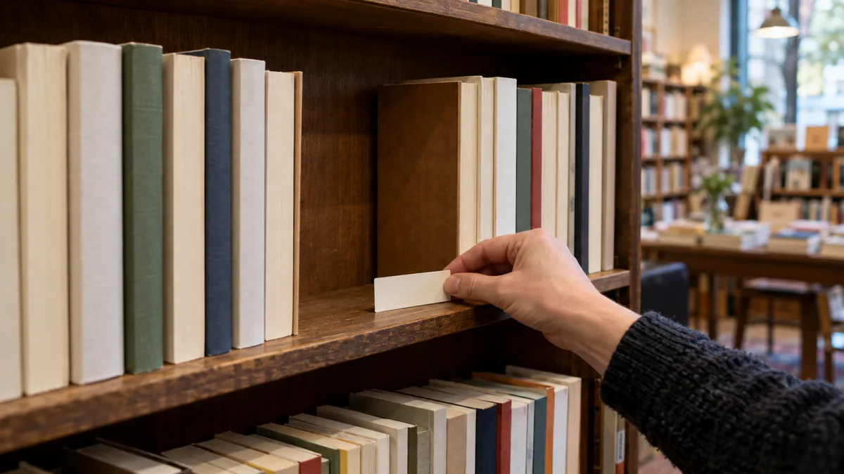 رف كتب تتوسطه مساحة فارغة داخل مكتبة
