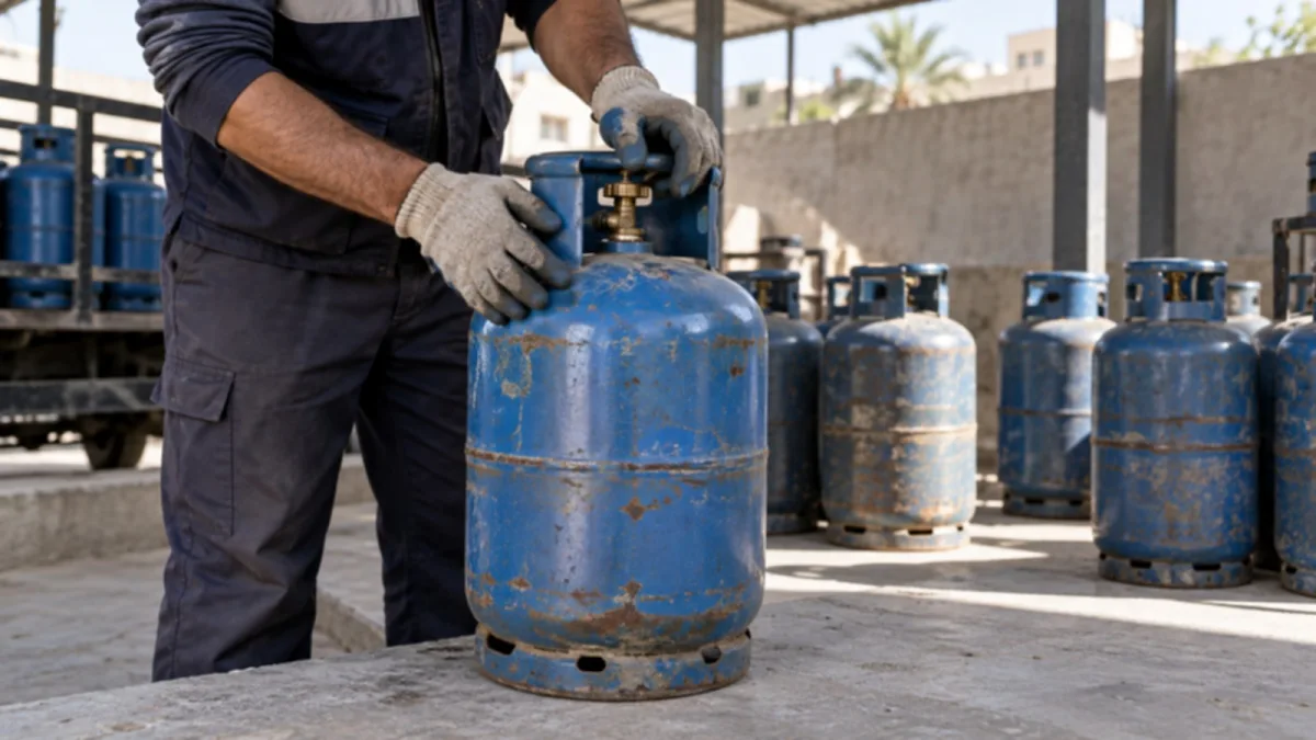 عامل يفحص أسطوانة غاز في نقطة توزيع