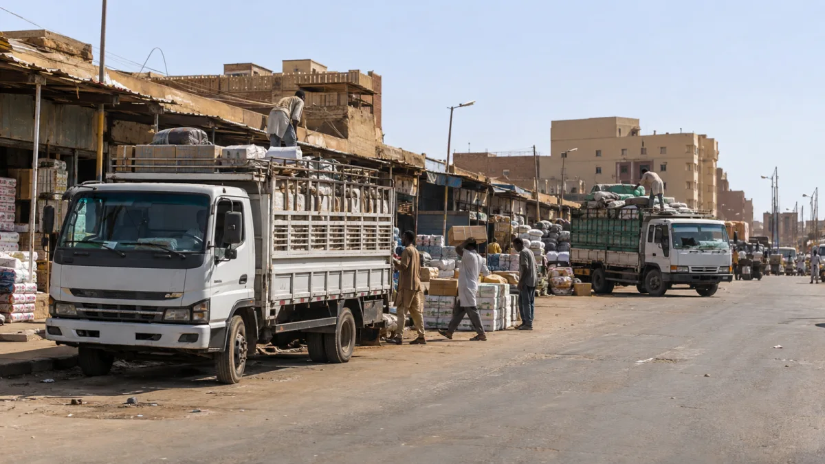 شاحنات بضائع وعمال تحميل في سوق حضرية
