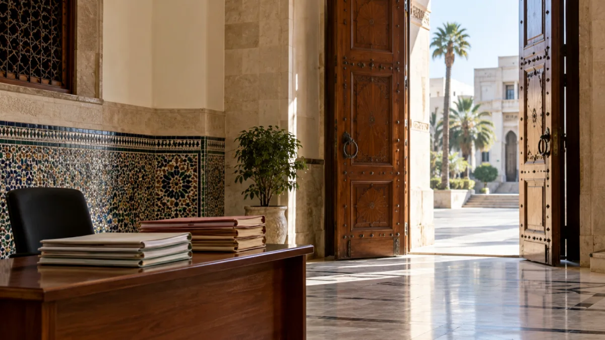 مدخل مبنى إداري مغربي وملفات على مكتب