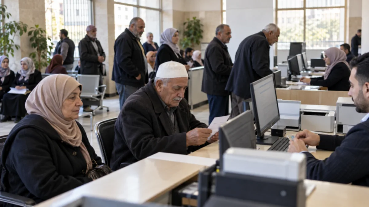 متقدمون يراجعون معاملاتهم في قاعة خدمات حكومية
