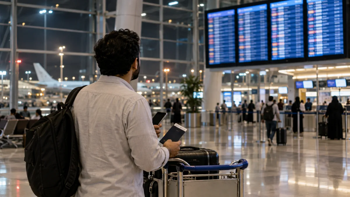مسافر يتابع لوحة الرحلات داخل صالة مطار
