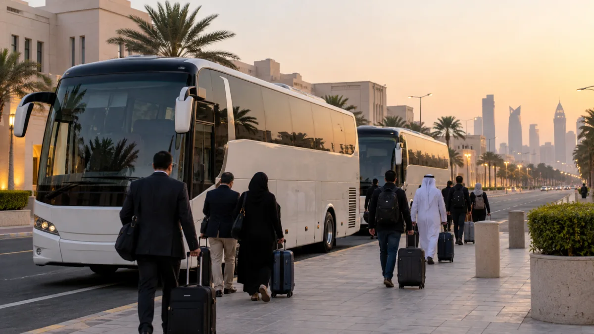 حافلات سفر ومسافرون يحملون حقائب في حي دبلوماسي خليجي