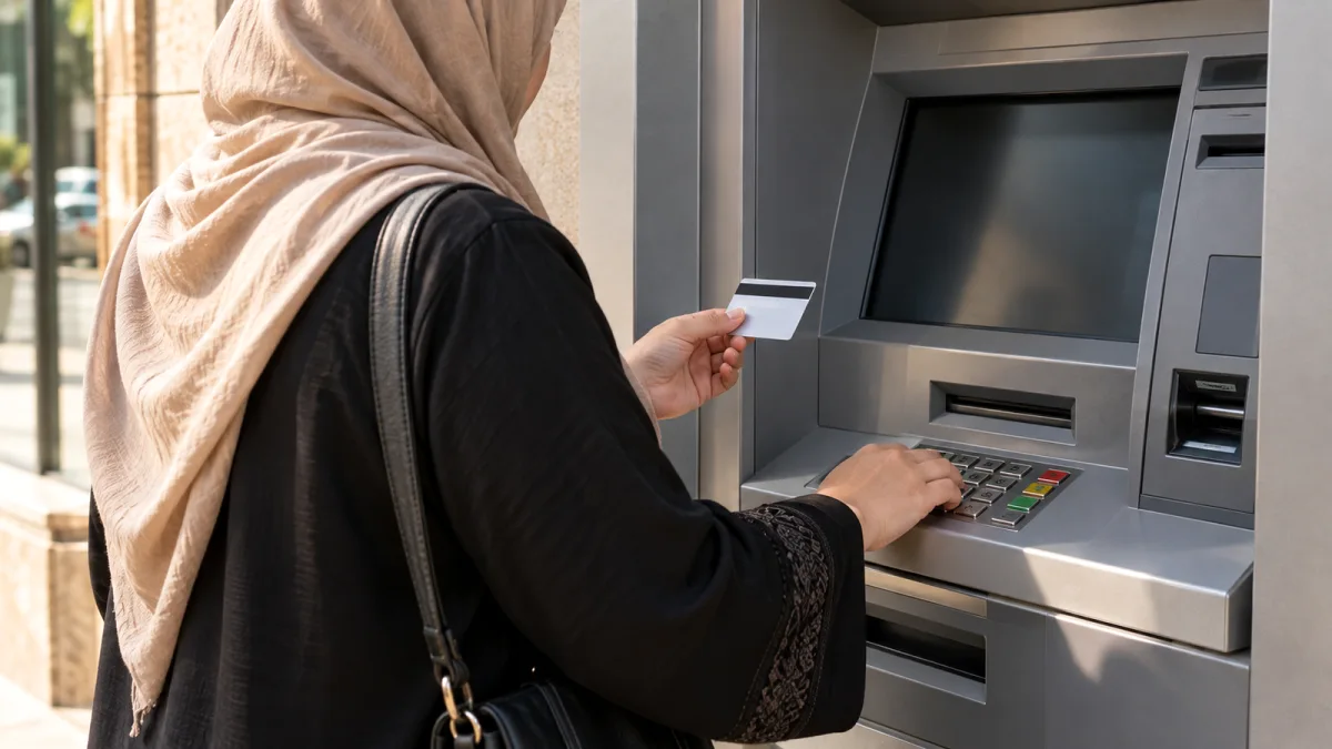 سيدة تستخدم بطاقة مصرفية أمام ماكينة صراف آلي