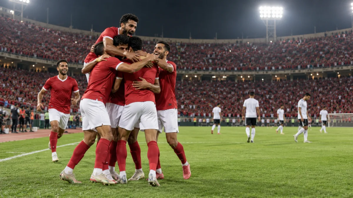 لاعبو فريق بالقميص الأحمر يحتفلون في استاد بالقاهرة