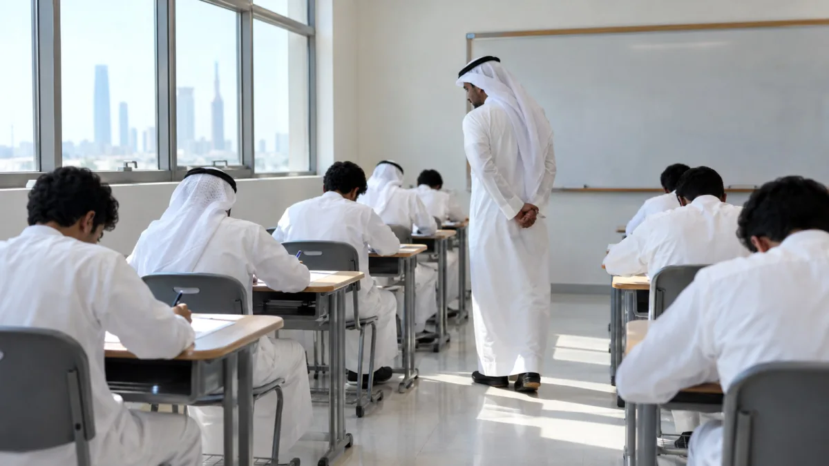 مراقب يتابع سير اختبار داخل قاعة دراسية في الكويت