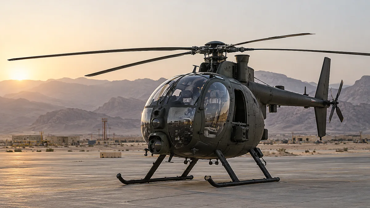 مروحية استطلاع خفيفة على أرض مطار صحراوي