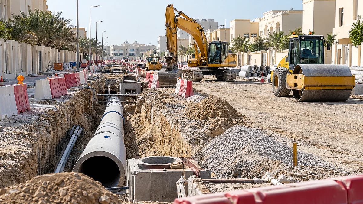 أعمال طرق وتمديد أنابيب في حي سكني قطري